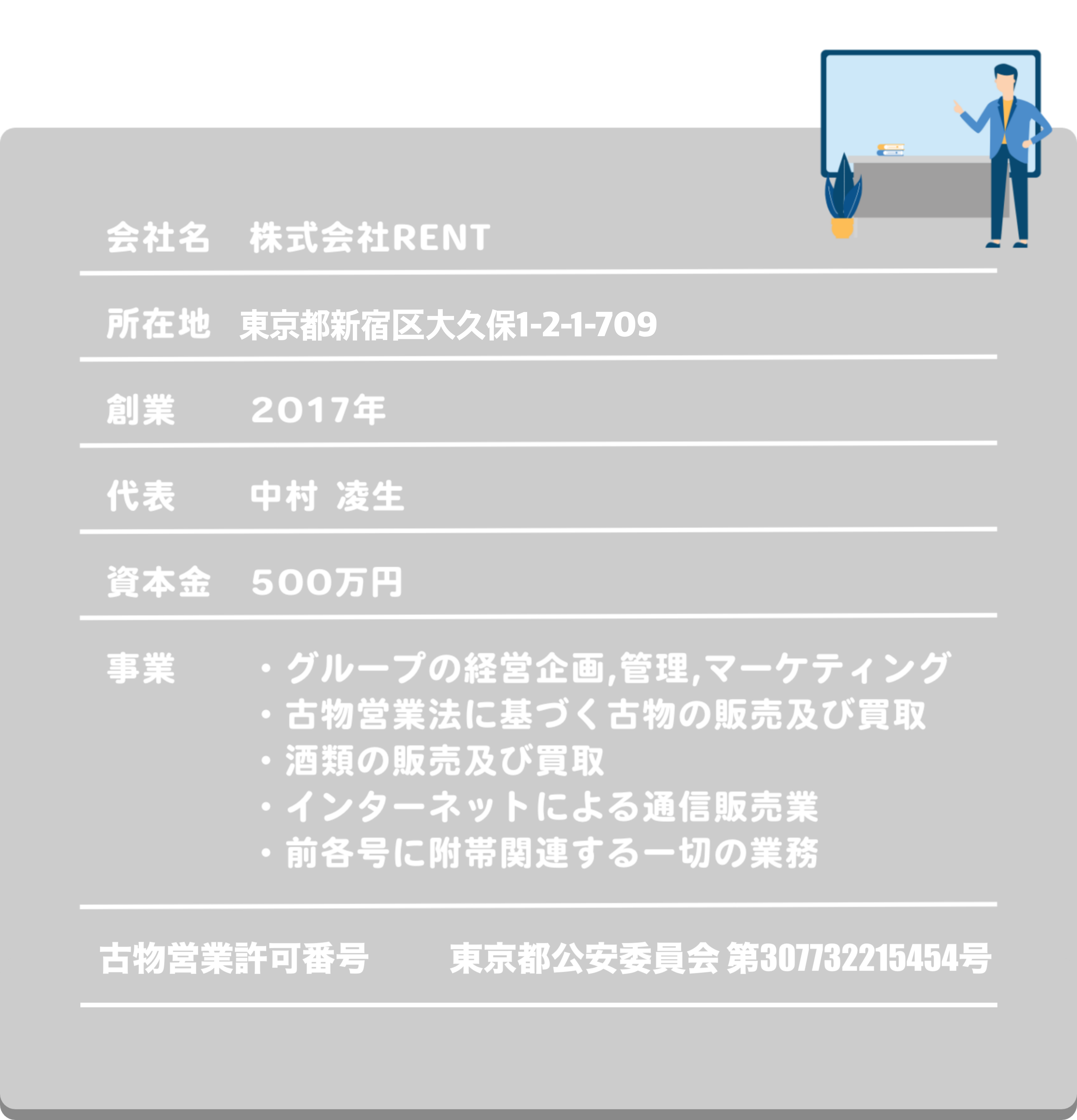 会社名　株式会社RENT/所在地　東京都墨田区江東橋4-6-15/創業　　2017年/代表　　中村 凌生/資本金　500万円/事業　　・グループの経営企画,管理,マーケ　　　　　　　ティング
　　　　・古物営業法に基づく古物の販売及び買取
　　　　・酒類の販売及び買取
　　　　・インターネットによる通信販売業
　　　　・前各号に附帯関連する一切の業務